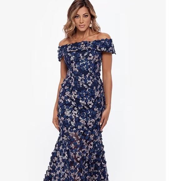 XSCAPE Off-the-Shoulder Embroidered Floral Lace Gown - Picture 6 of 17